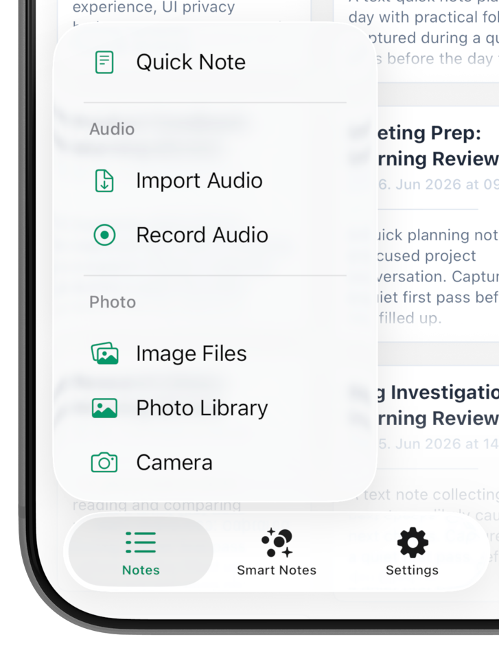 Adding audio, a recording, image files, a photo, or camera capture as sources in Nota