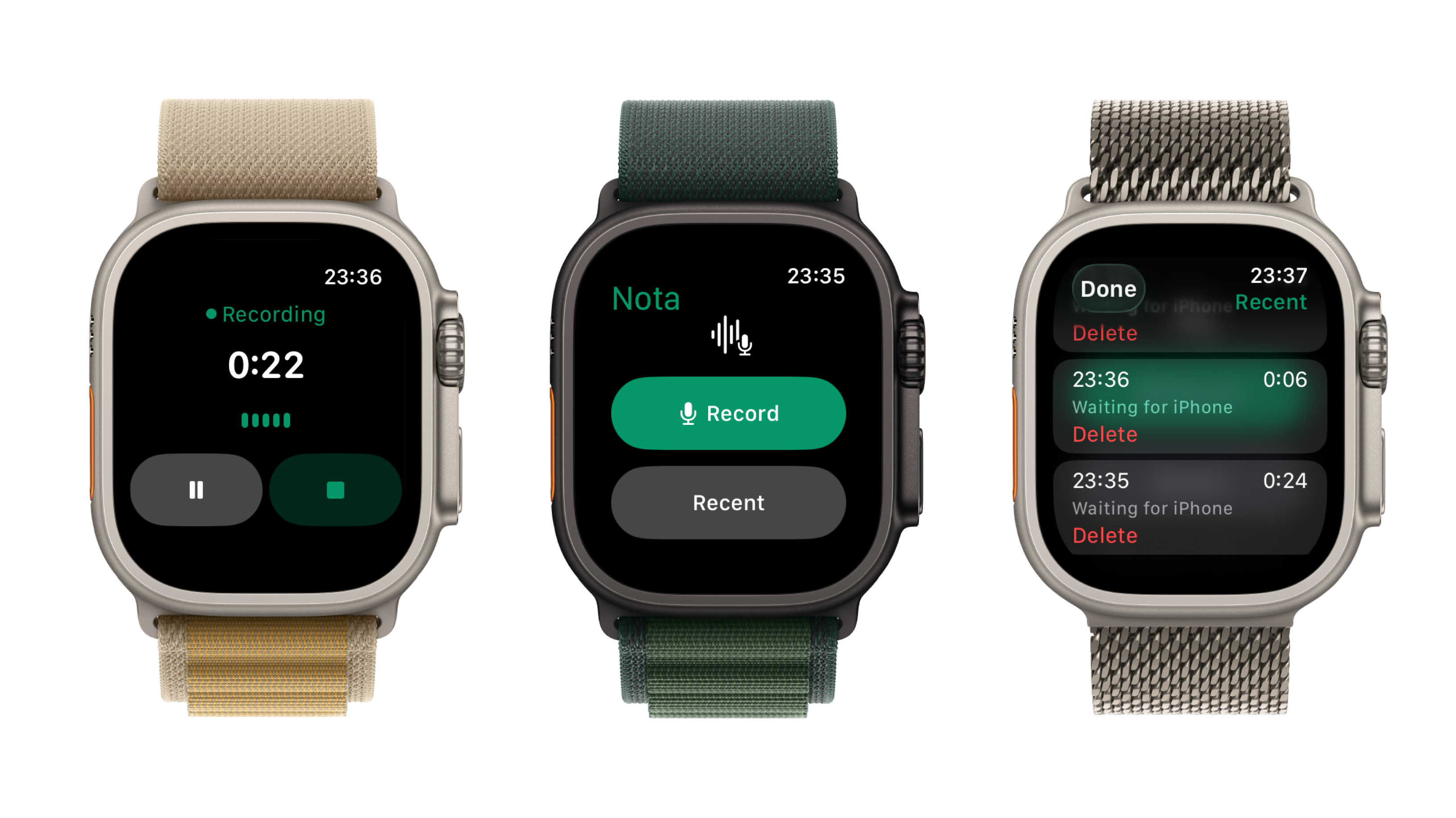 Nota on three Apple Watch models showing recording controls and recent voice recordings