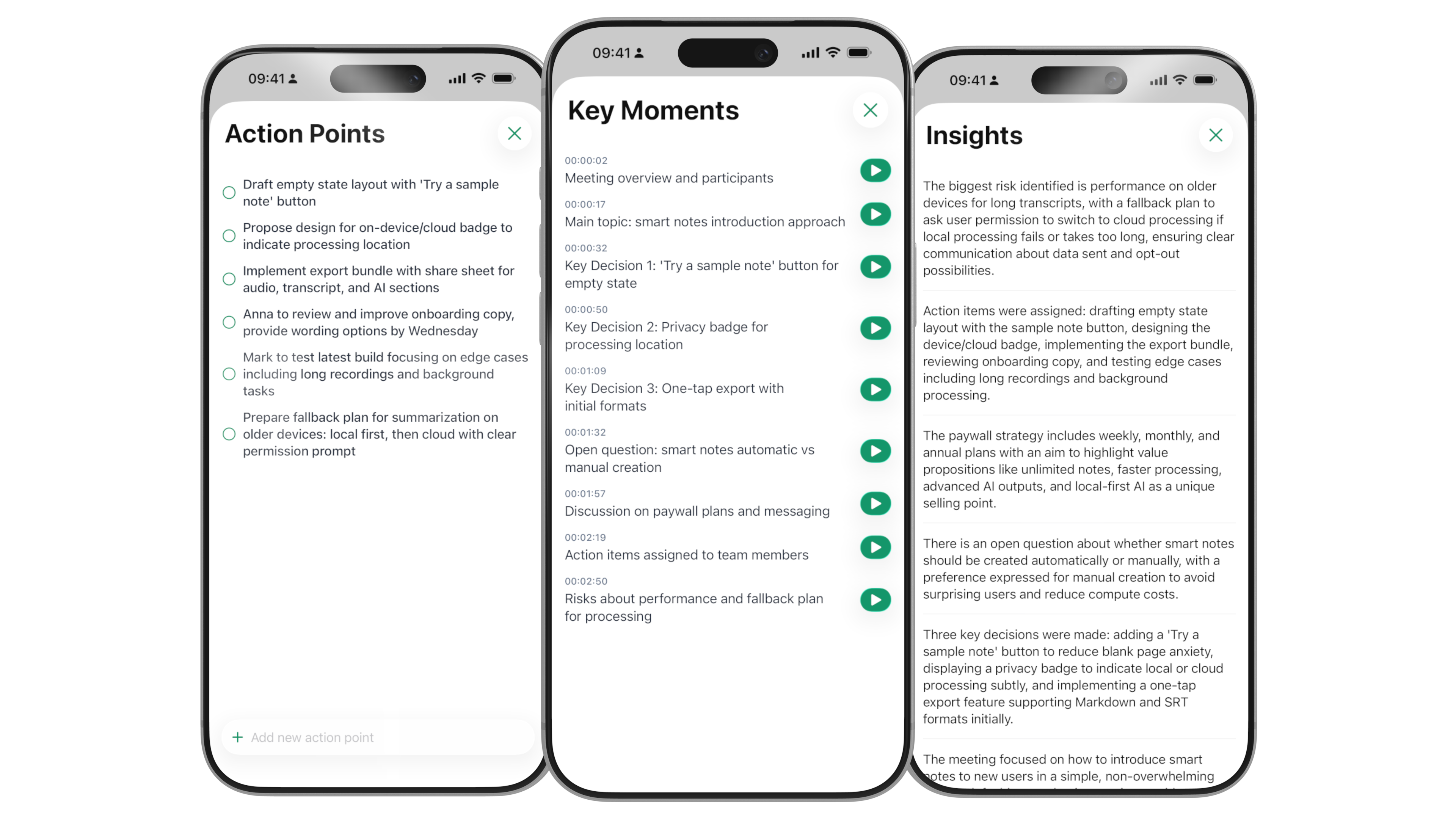 Three Nota screens showing action points, key moments, and insights extracted from a note