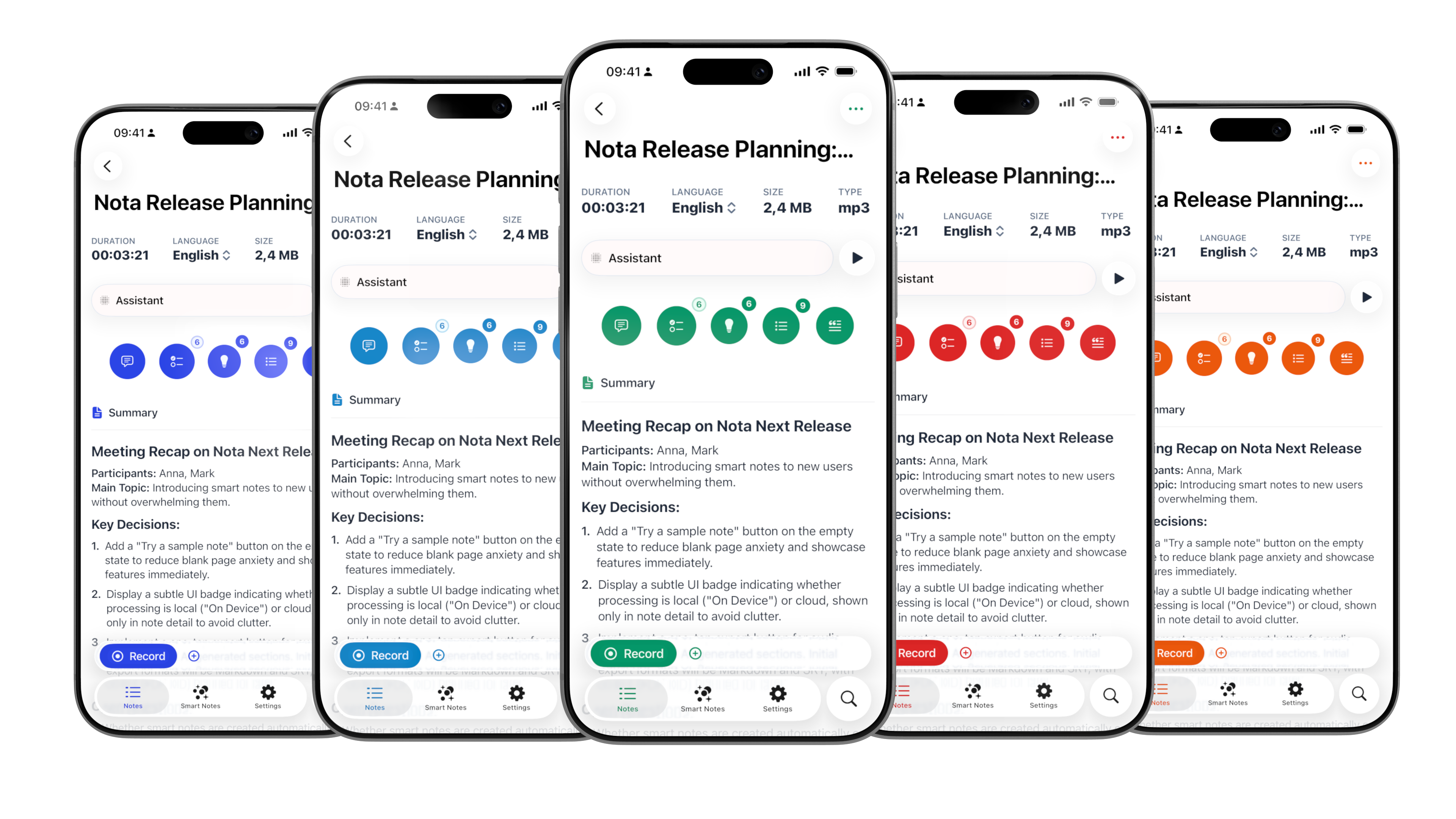 Five Nota screens using blue, cyan, green, red, and orange color schemes