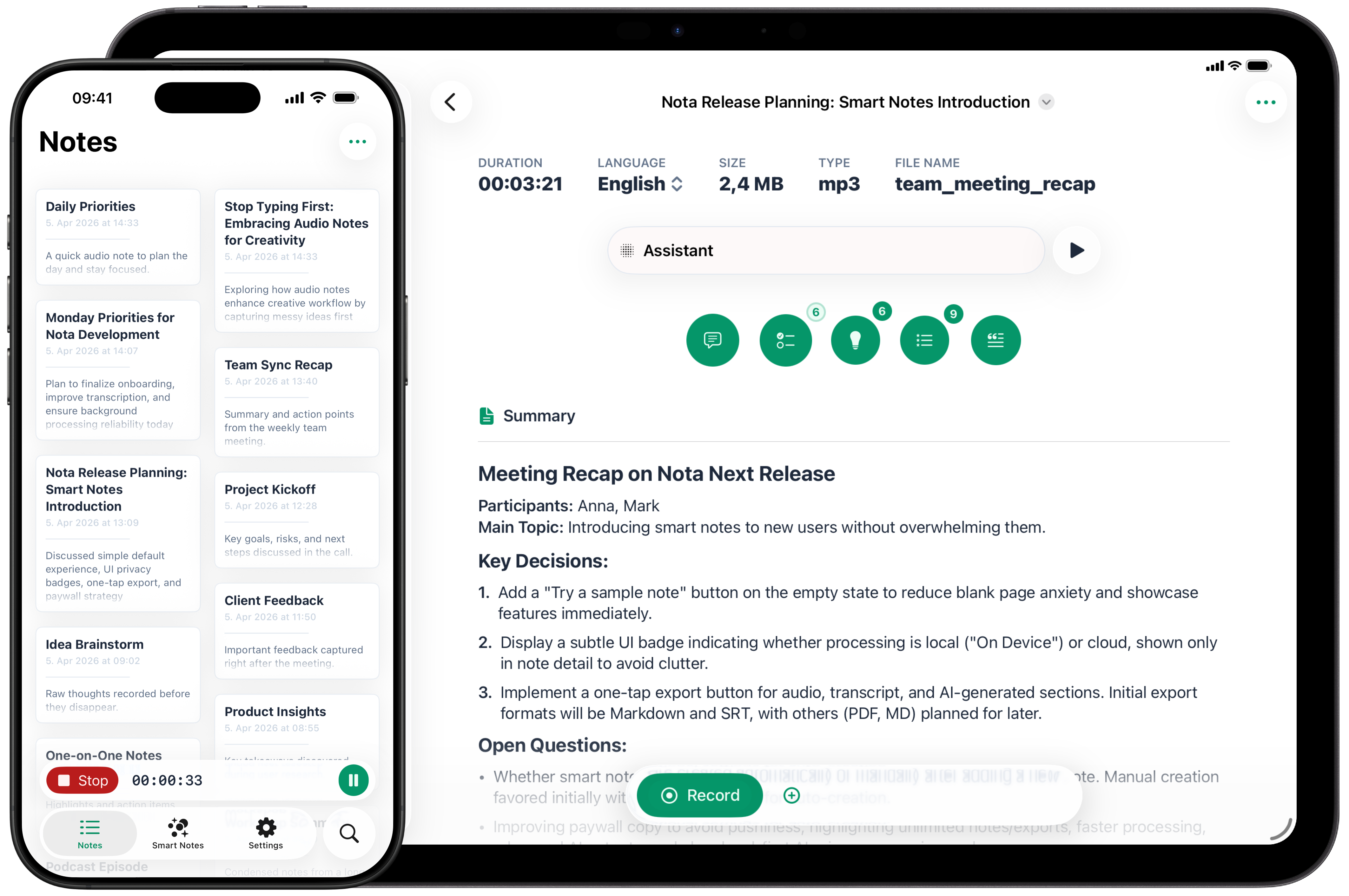 Nota preview showing structured voice note insights