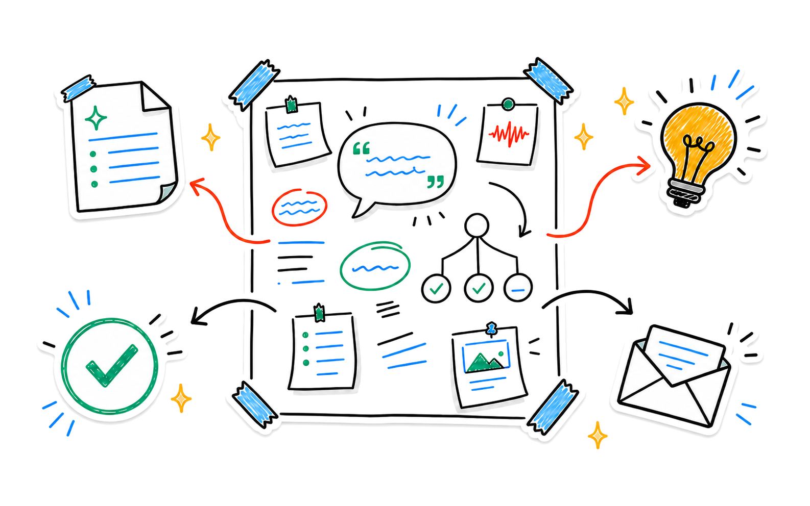 A whiteboard of connected client ideas leading from a quotation and notes to insight, decision, and follow-up
