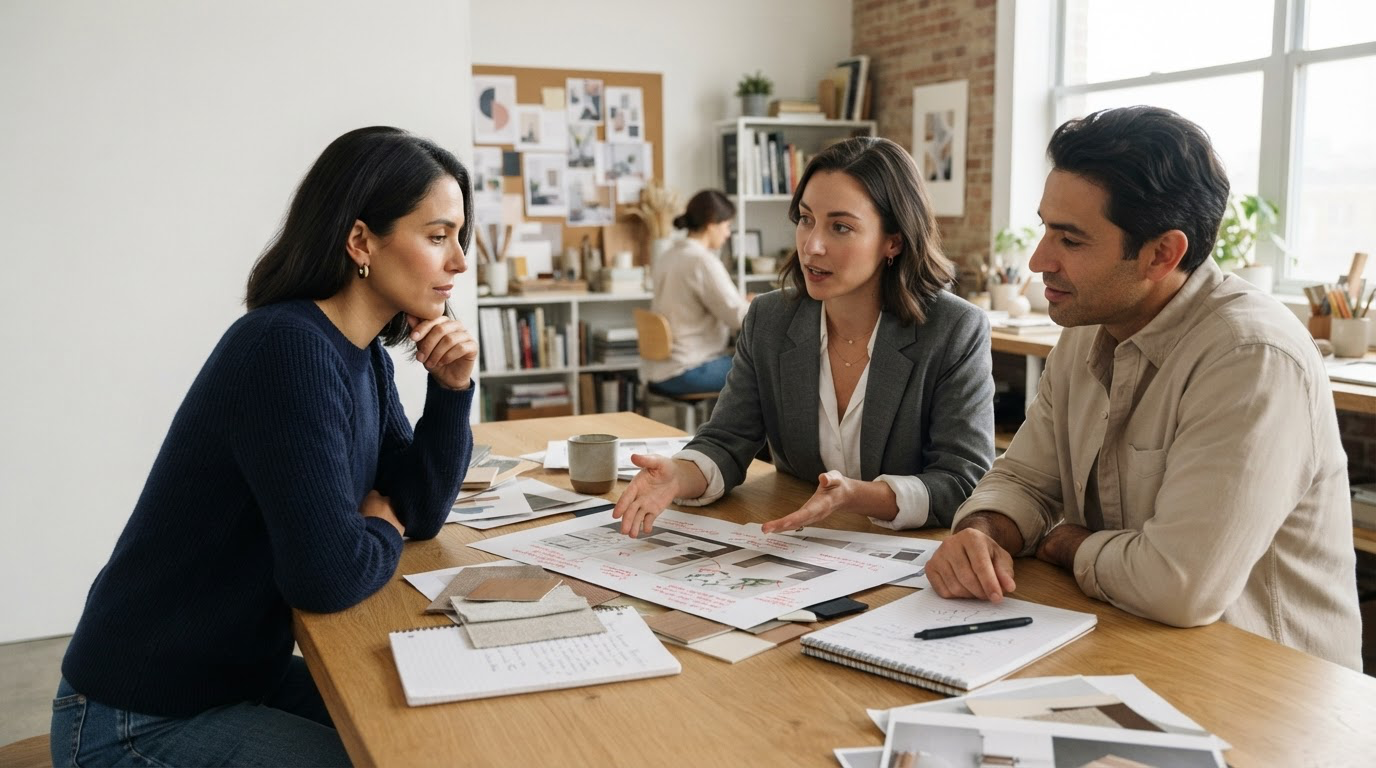 A consultant and two clients reviewing project materials together around a table