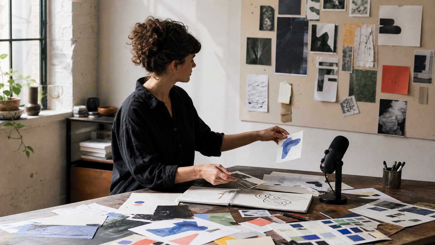 A creator arranging printed references and notes across a bright studio table