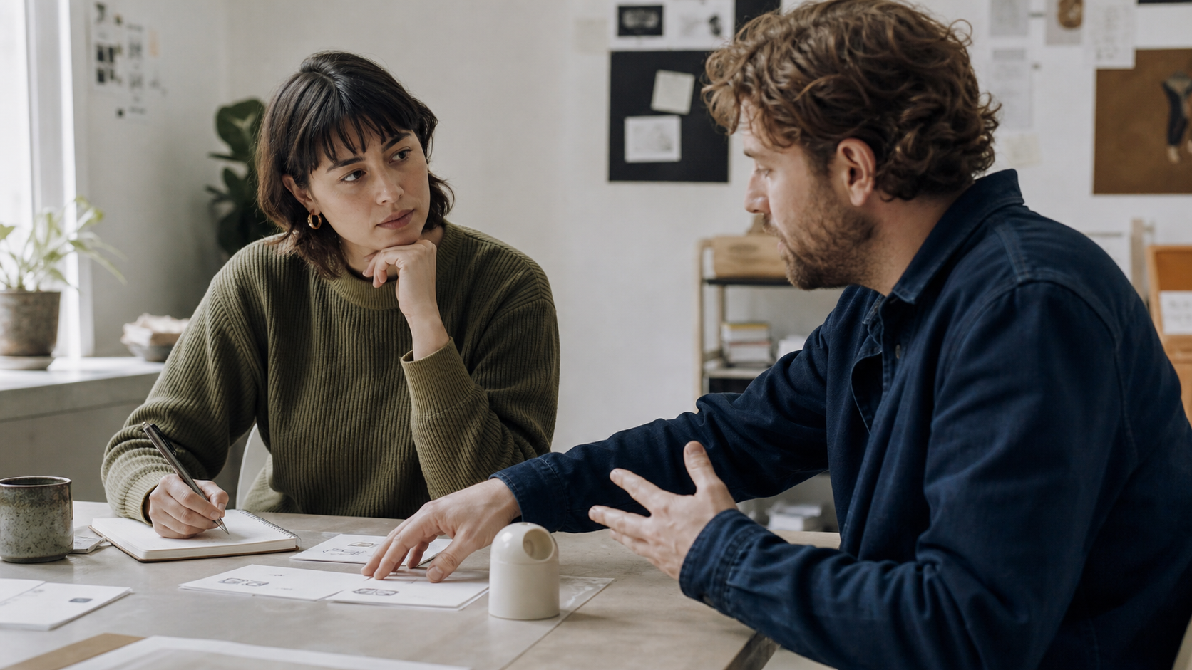 A researcher listening as a participant explains prototype cards during an interview
