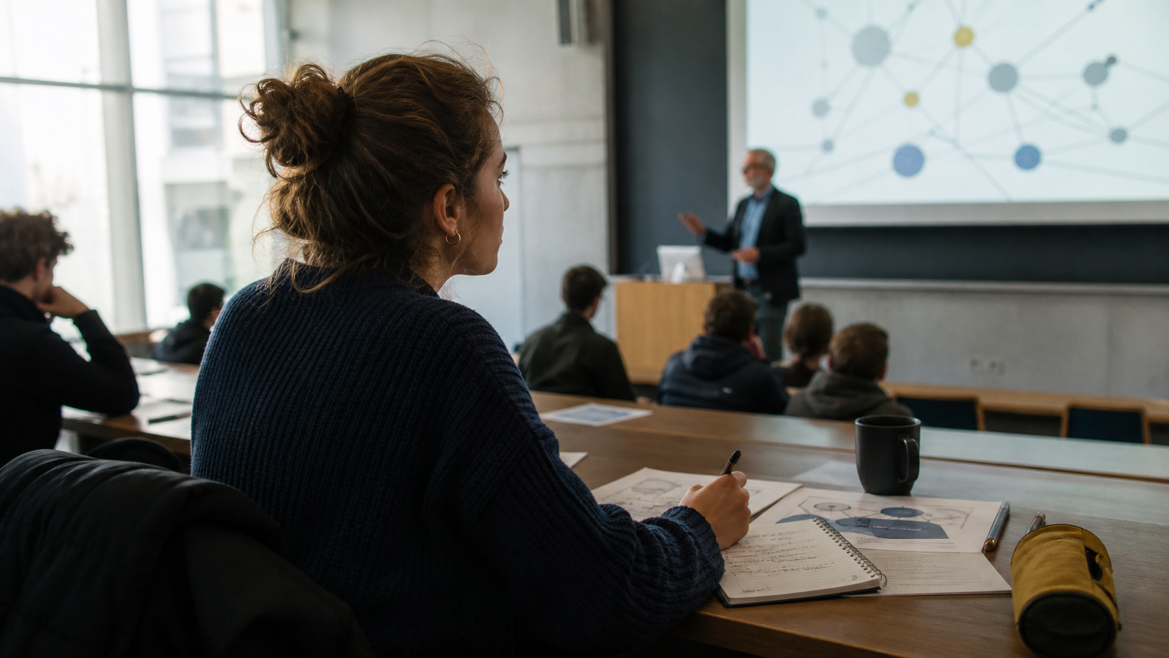 An adult learner taking notes during a live lecture with a diagram projected at the front