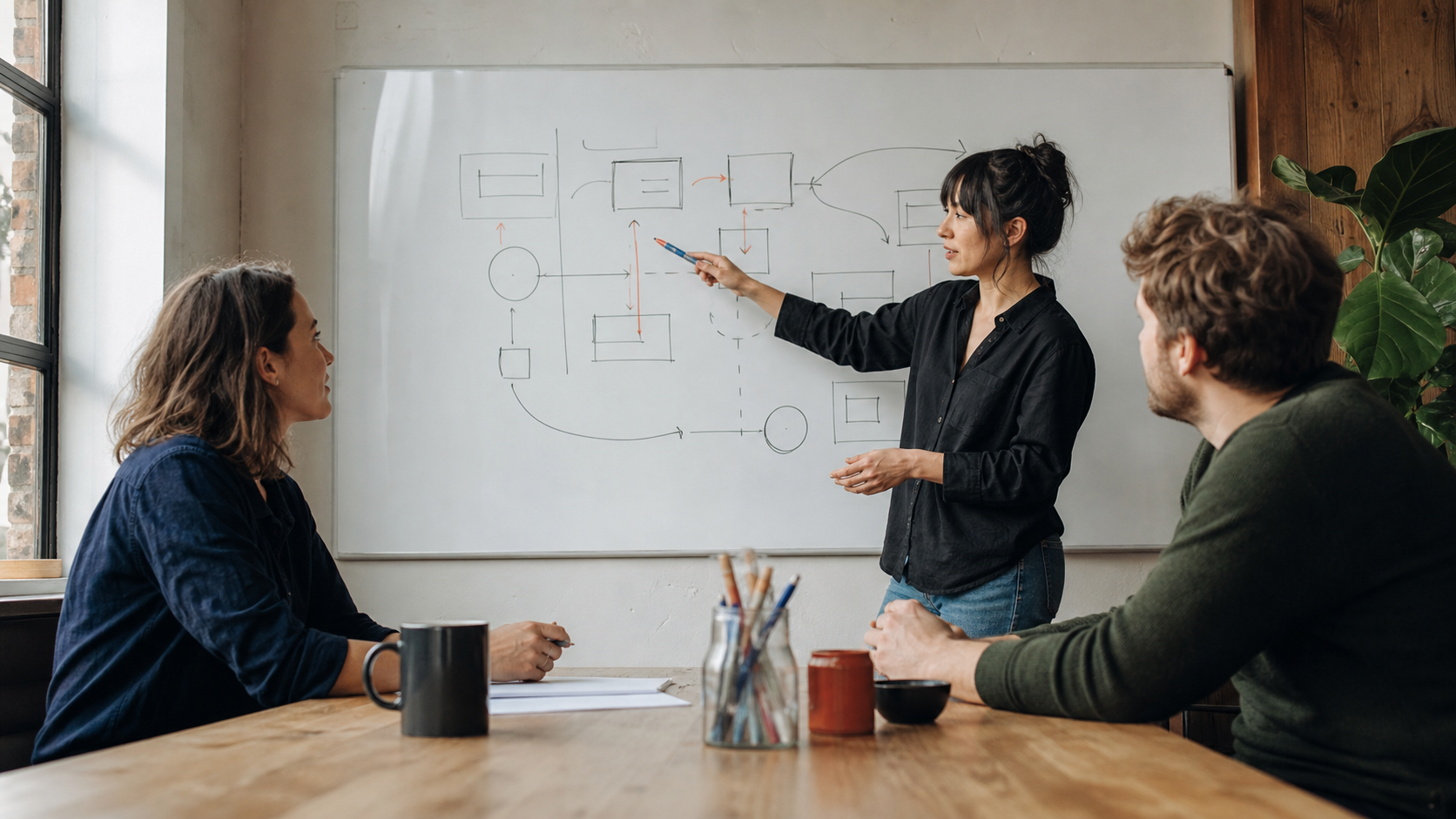 A small team discussing an abstract diagram together at a whiteboard