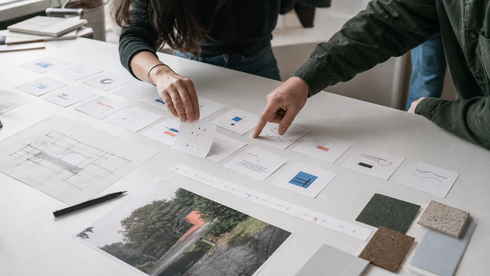 Two people arranging visual references, ideas, and a timeline across a planning table